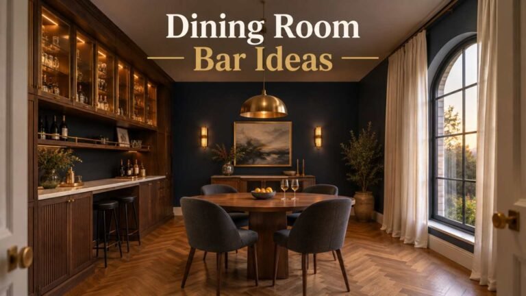 Dining room with a walnut bar wall, brass-framed glass cabinets, and a navy back wall beside an oval dining table and arched window.
