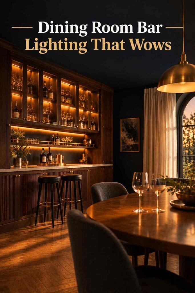 Dining Room Bar Ideas to Make Every Dinner Feel Like a Party 18 Bar wall glowing in amber dusk light, with lit brass-framed cabinets, a pendant lamp, and long soft shadows across an oak herringbone floor.