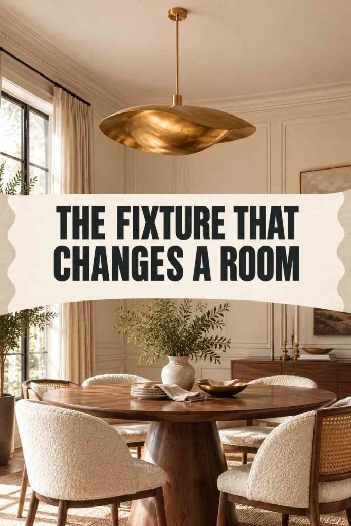 Sculptural brass pendant light hanging above a walnut dining table.