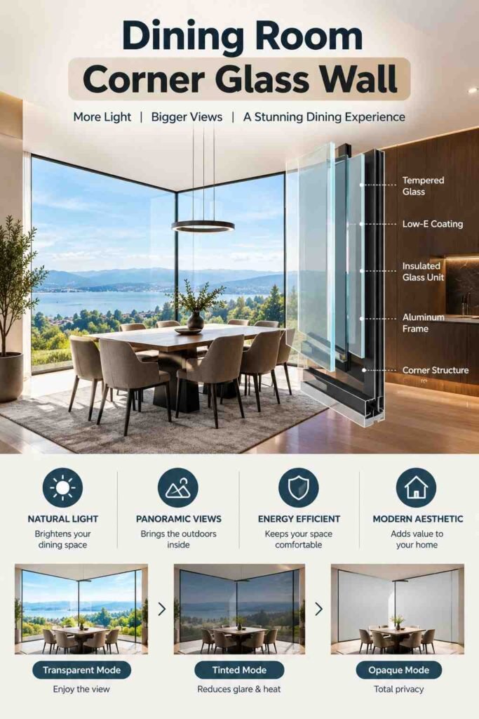 Luxury Corner Glass Wall Ideas to Transform Modern Home Design 8 Modern dining room with a floor-to-ceiling corner glass wall, panoramic views, and an exploded glass construction detail.
