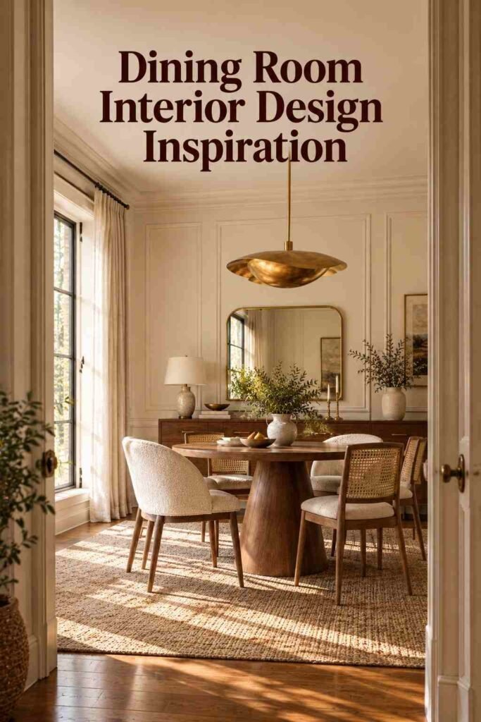 Dining room with walnut table and brass pendant seen through an open doorway.