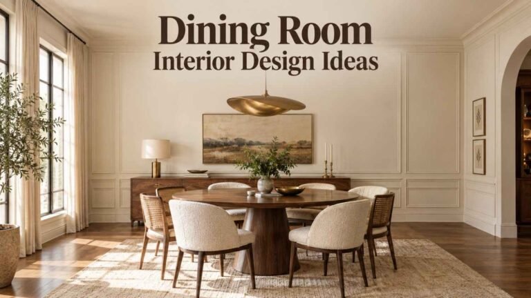 Elevated cream and walnut dining room with a round pedestal table and brass pendant light.