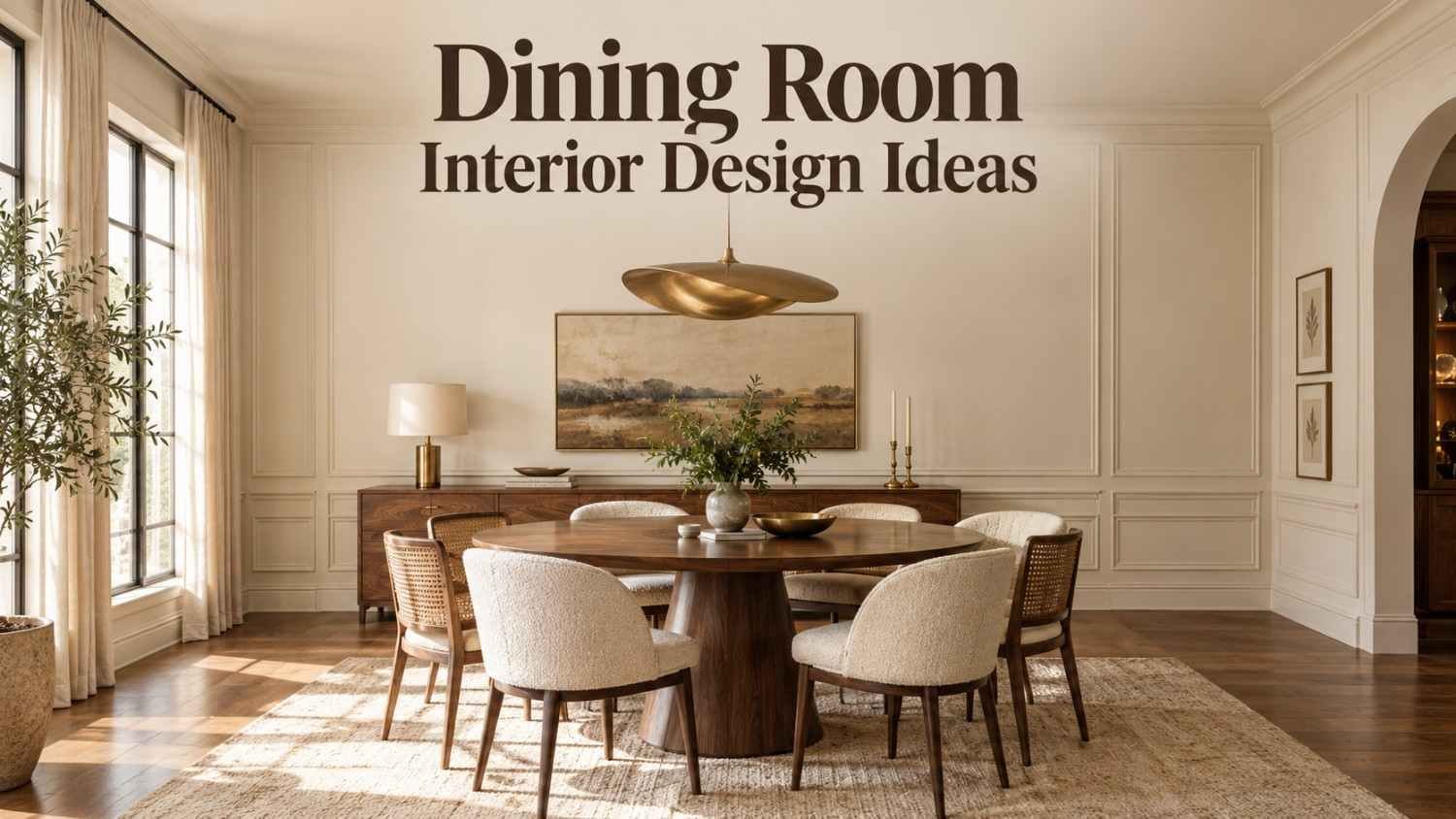 Elevated cream and walnut dining room with a round pedestal table and brass pendant light.