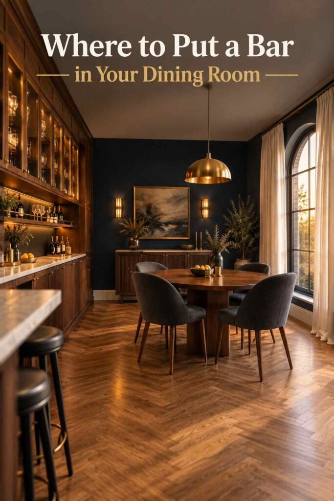 Dining Room Bar Ideas to Make Every Dinner Feel Like a Party 3 Diagonal view across a dining room showing a walnut bar counter with a black stool, an oval table, and a sunset-lit arched window.