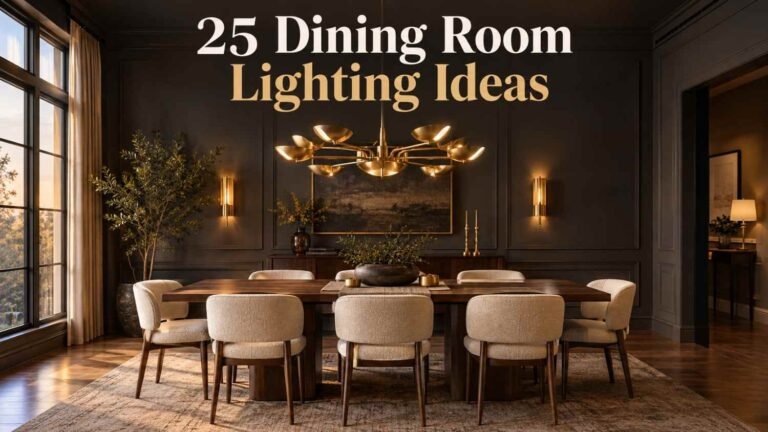 Dining room lighting ideas featuring a brass chandelier over a walnut table with charcoal walls.