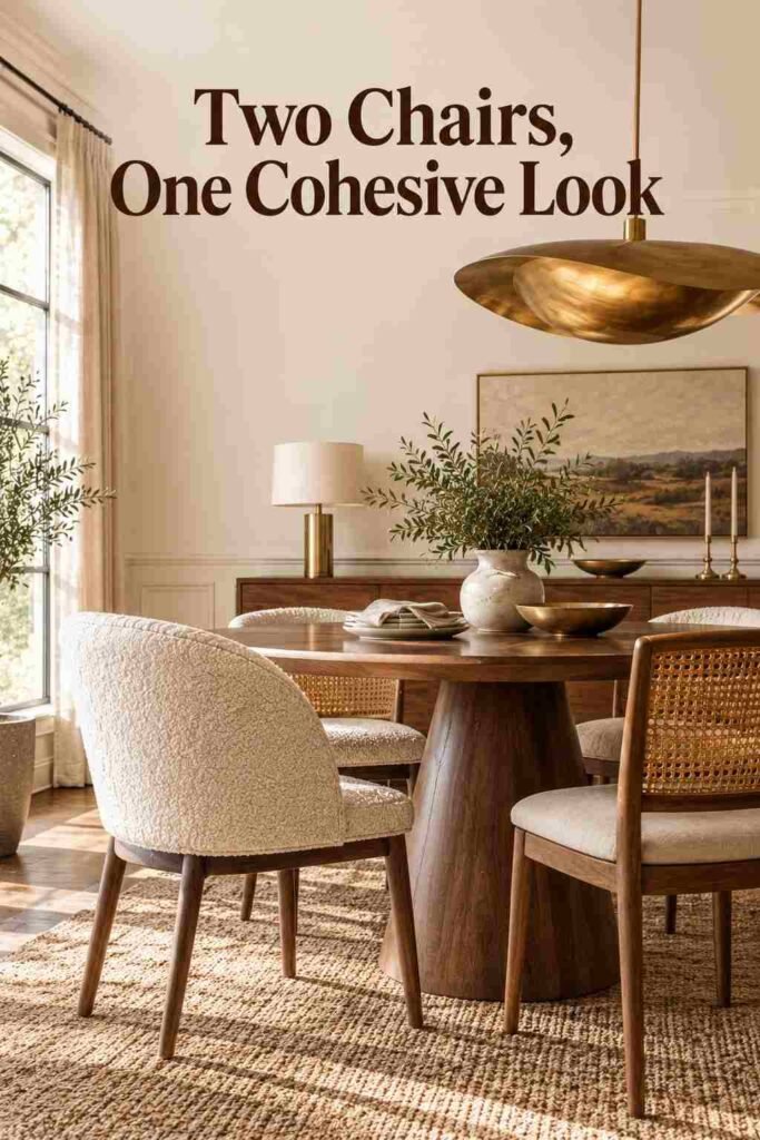 Cream boucle and woven rattan dining chairs mixed around a walnut table.