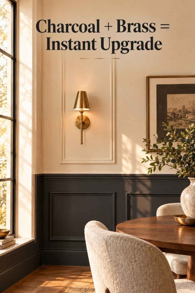 Picture-rail molding corner with charcoal lower wall and brass wall sconce in a dining room.