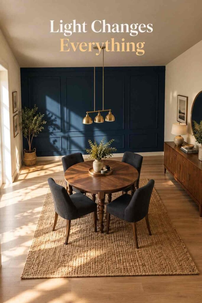 Dining Room Accent Wall Ideas That Will Transform Your Space in 2026 3 Elevated view of a dining room showing natural light across a navy accent wall.