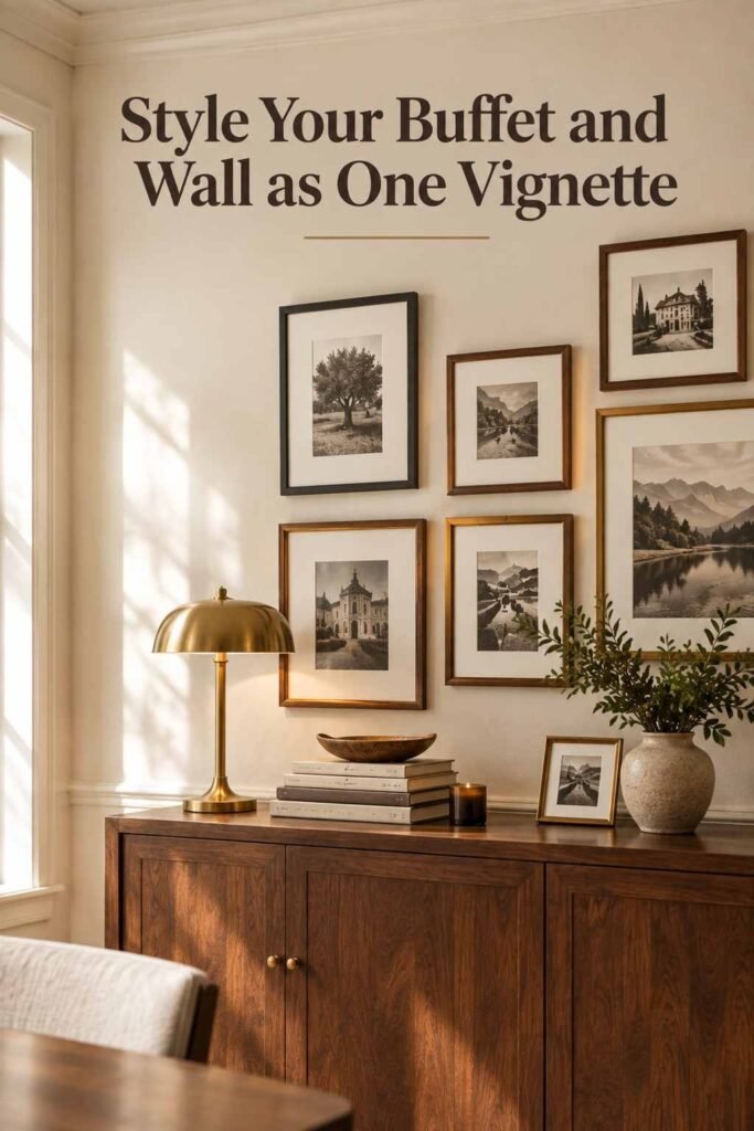 Styled walnut buffet with a brass lamp and books beneath a corner of a dining room gallery wall.
