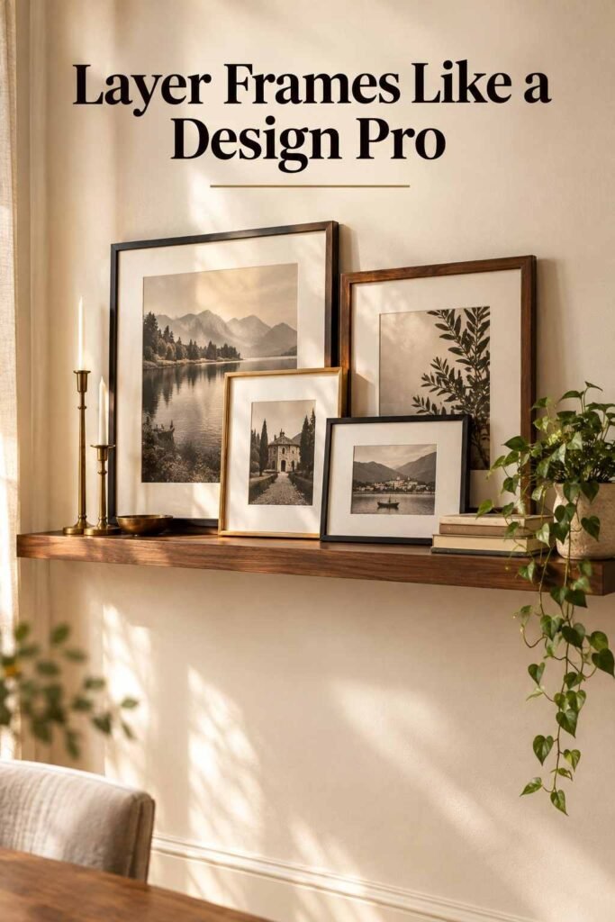 Floating walnut shelf with layered framed photos and a small trailing plant in a dining room.