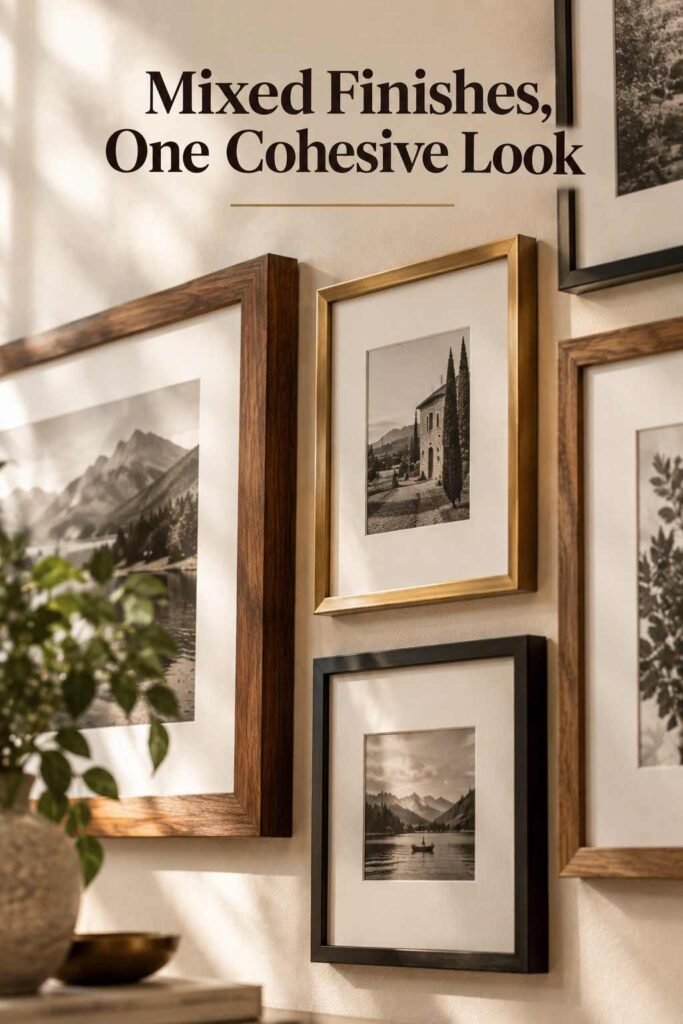 Close-up of walnut, brass, and matte black picture frames grouped together on a dining room wall.