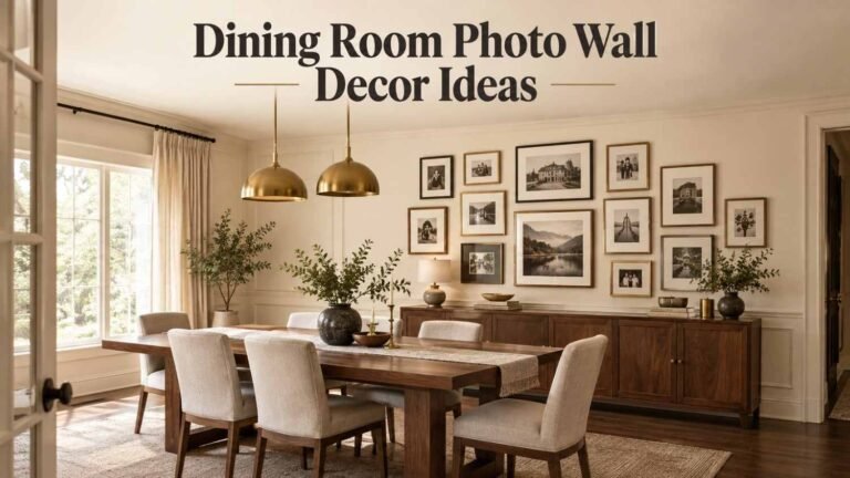Dining room with a gallery wall of mixed-frame family photos above a walnut buffet and matching dining table.