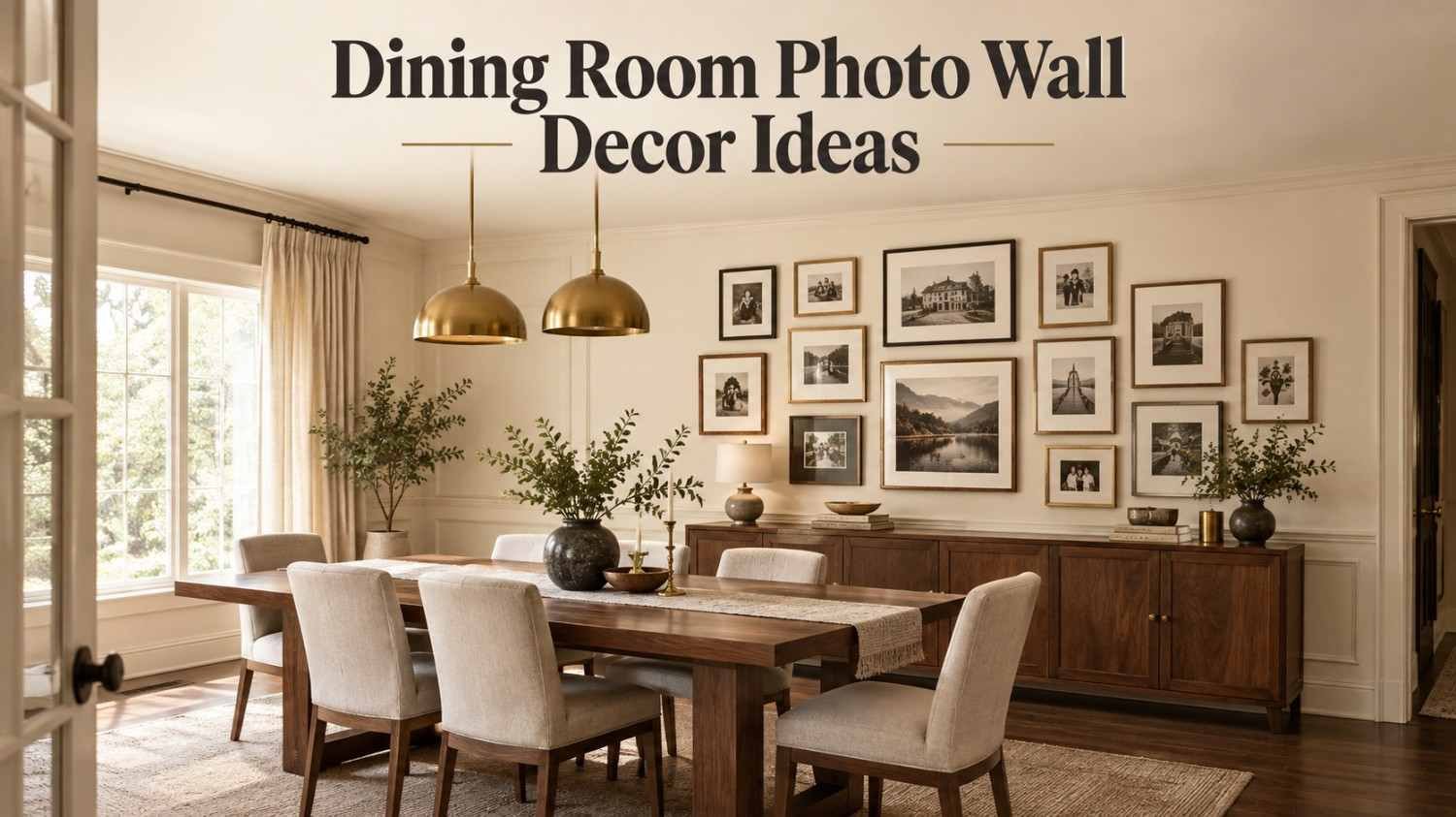 Dining room with a gallery wall of mixed-frame family photos above a walnut buffet and matching dining table.