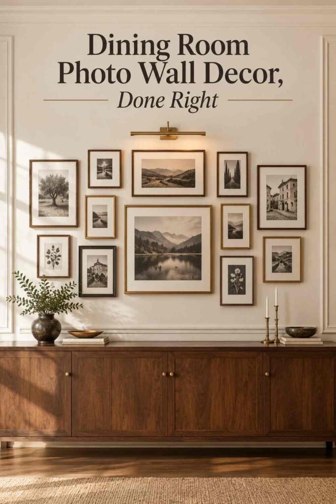 Close-up of a mixed walnut, brass, and black frame grid arranged on a cream dining room wall.