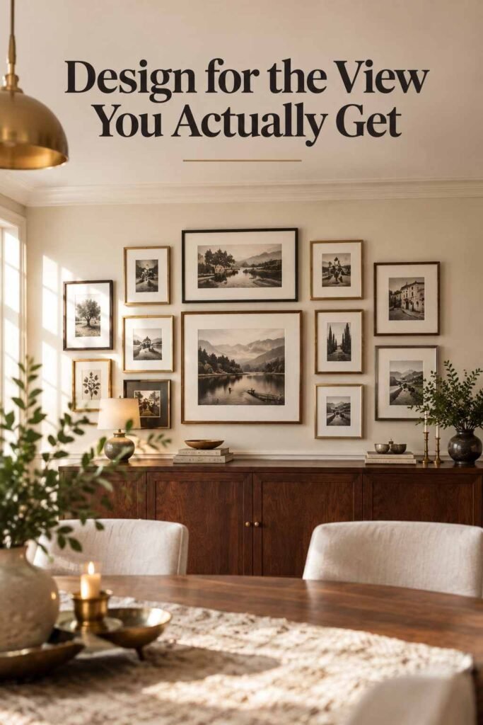 View of a dining room gallery wall as seen from a seated position at the table.