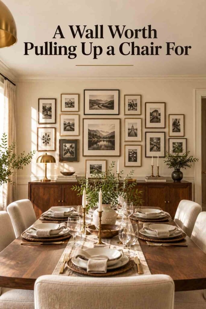 Dining table set for a meal with a mixed-frame photo gallery wall visible in the background.