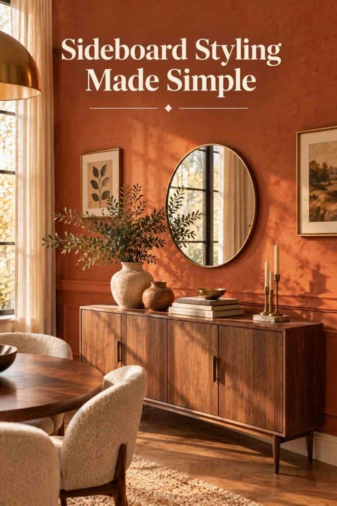 Styled wood sideboard with ceramic vases, books, and a round mirror against a terracotta wall.