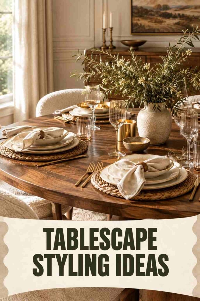 Styled walnut dining table with ceramic tableware and linen napkins.