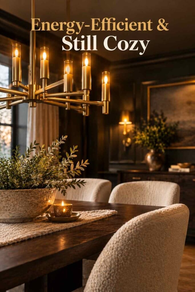 Close-up detail of a brass chandelier, boucle chair fabric, and a candle accent on a dining table.