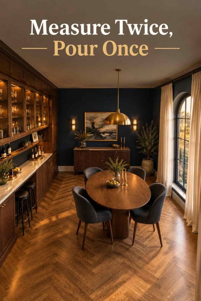 Dining Room Bar Ideas to Make Every Dinner Feel Like a Party 2 High corner view of a dining room showing an open walking lane between the oval table and the walnut bar wall.