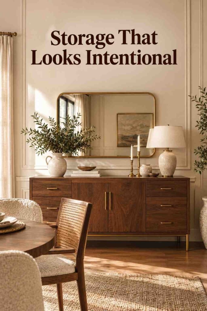 Walnut sideboard with brass hardware styled with ceramics beneath a mirror.