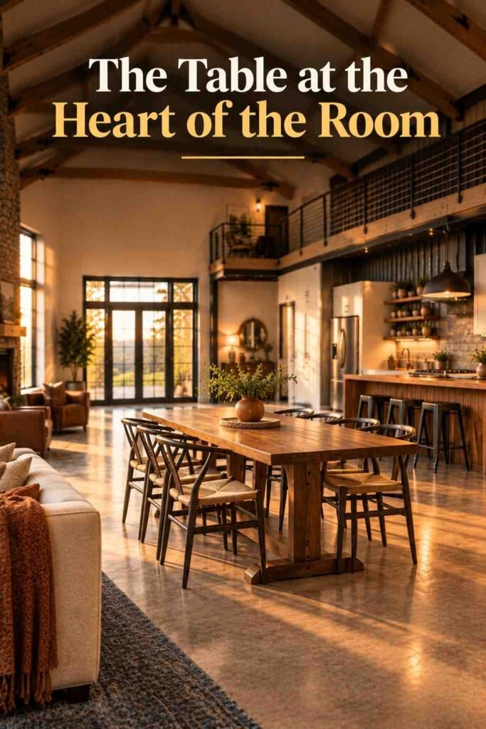 Barndominium Ideas to Inspire Your Exterior, Layout, and Interior 4 Six-chair dining table under exposed timber trusses, with the kitchen island and metal wall softly visible beyond.