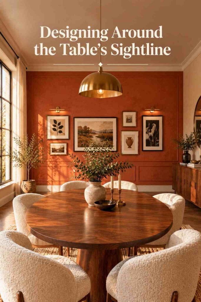 View from the head of a dining table toward a terracotta gallery wall with framed art.