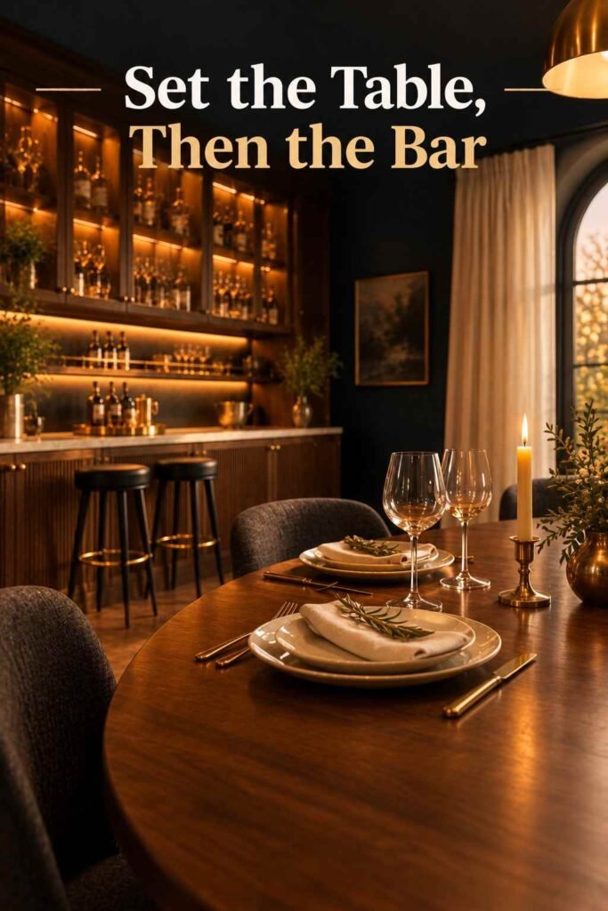 Dining Room Bar Ideas to Make Every Dinner Feel Like a Party 14 Dinner table set with cream plates, gold flatware, linen napkins, and wine glasses, with the lit walnut bar wall softly blurred behind.
