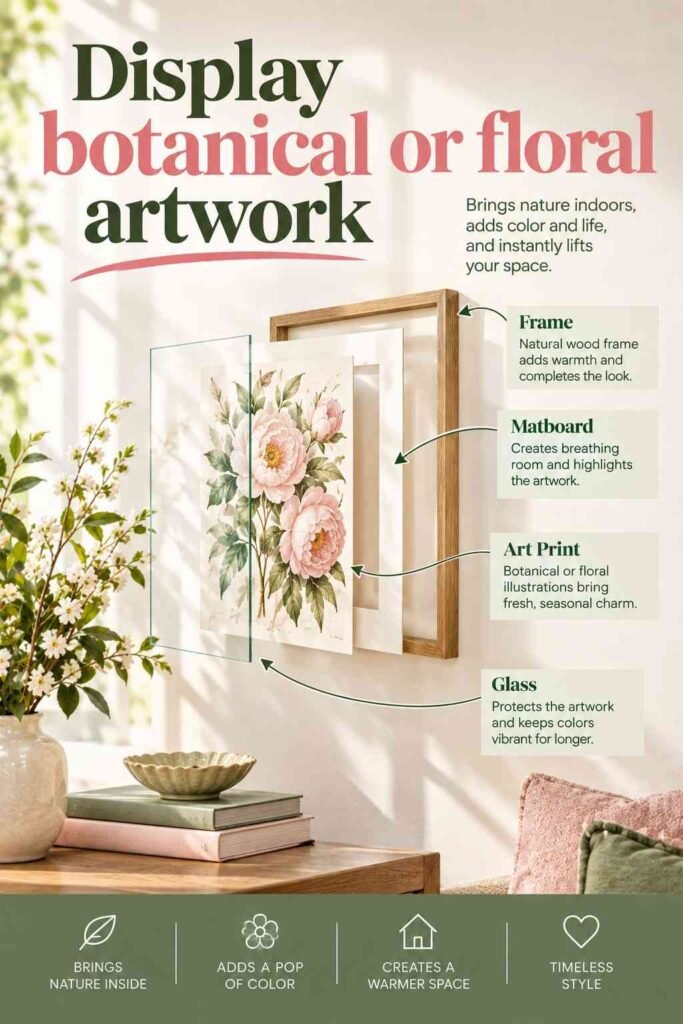 Spring Home Decor Ideas to Refresh Every Room in 2026 5 Exploded view of botanical floral artwork with glass, art print, matboard, and natural wood frame.