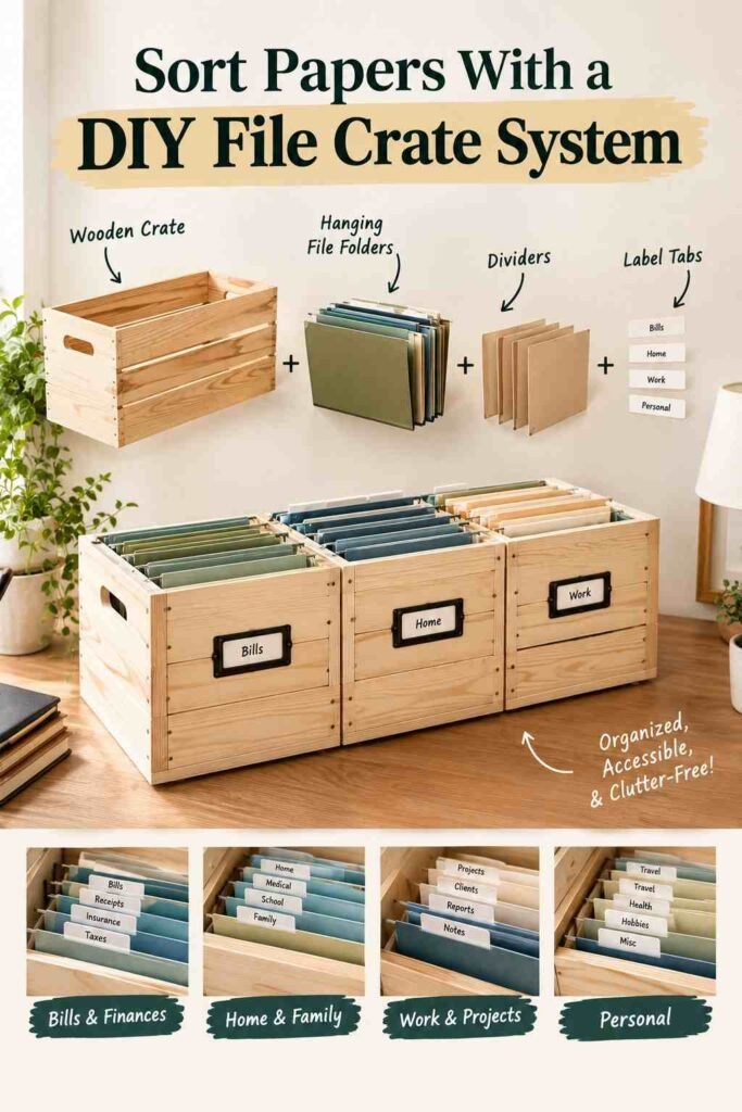 16 Smart DIY Organization Tips to Transform Every Room in Your Home 6 DIY wooden file crate system with labeled folders for organizing bills, home papers, work documents, and personal files.