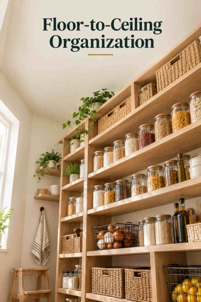 16 Smart DIY Organization Tips to Transform Every Room in Your Home 7 Low-angle view of full-height pantry shelving from floor to ceiling.