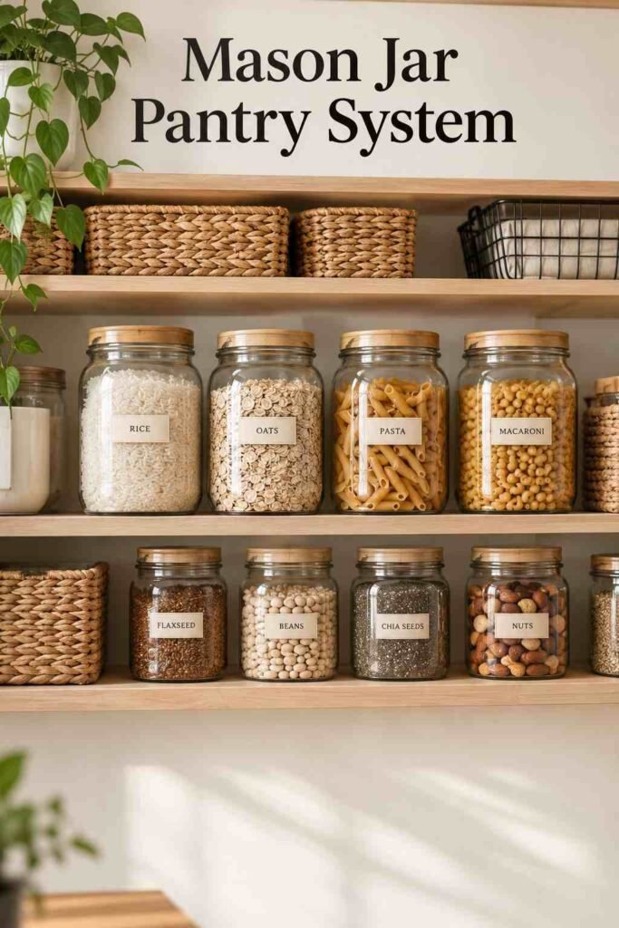 16 Smart DIY Organization Tips to Transform Every Room in Your Home 2 Close-up of labeled glass jars filled with pantry staples on a wood shelf.