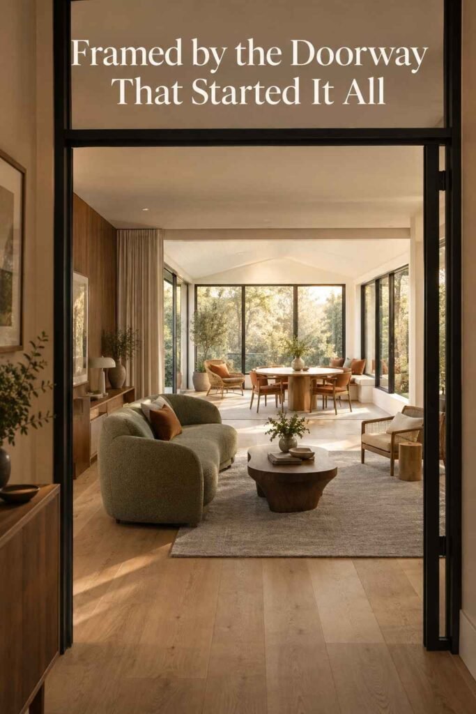 View through a black steel door frame showing the ceiling line change between a living room and an attached sunroom.