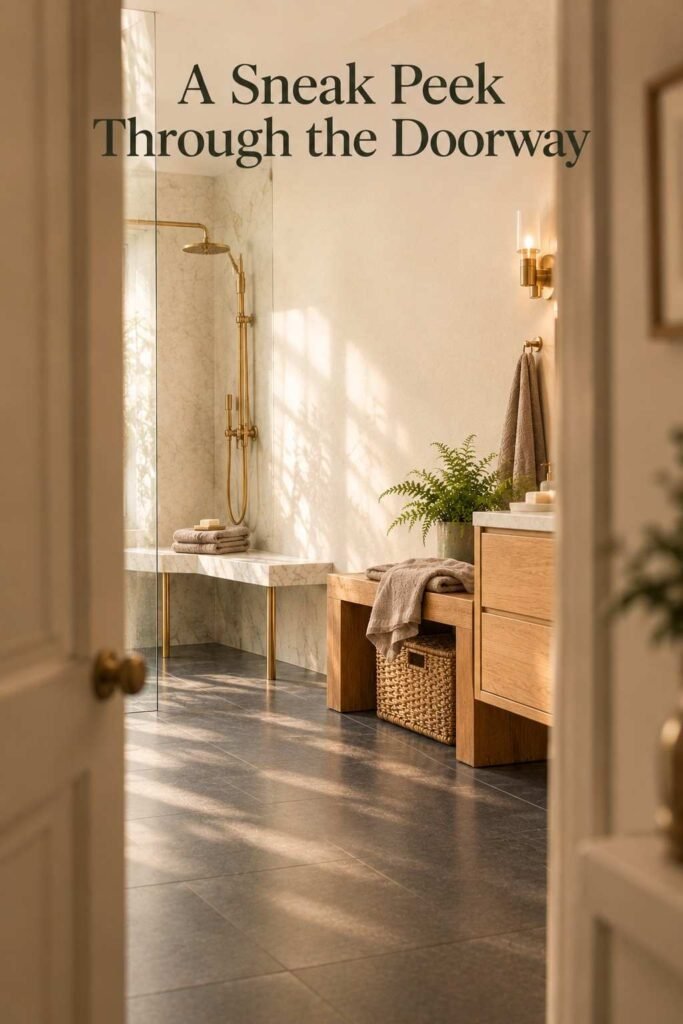 Bathroom view framed through a doorway with a blurred foreground leading toward a marble corner bench.