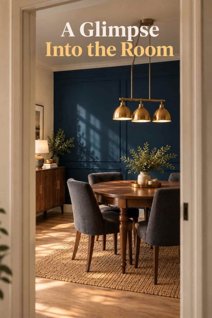Dining Room Accent Wall Ideas That Will Transform Your Space in 2026 13 Dining room with a navy accent wall viewed through an adjacent doorway.