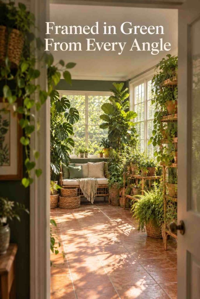 Plant room viewed through an open doorway with a hanging plant framing the foreground.