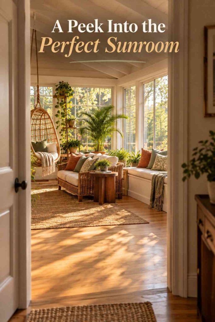 Sunroom seating area framed through an open doorway, with the window seat bench and swing chair visible.