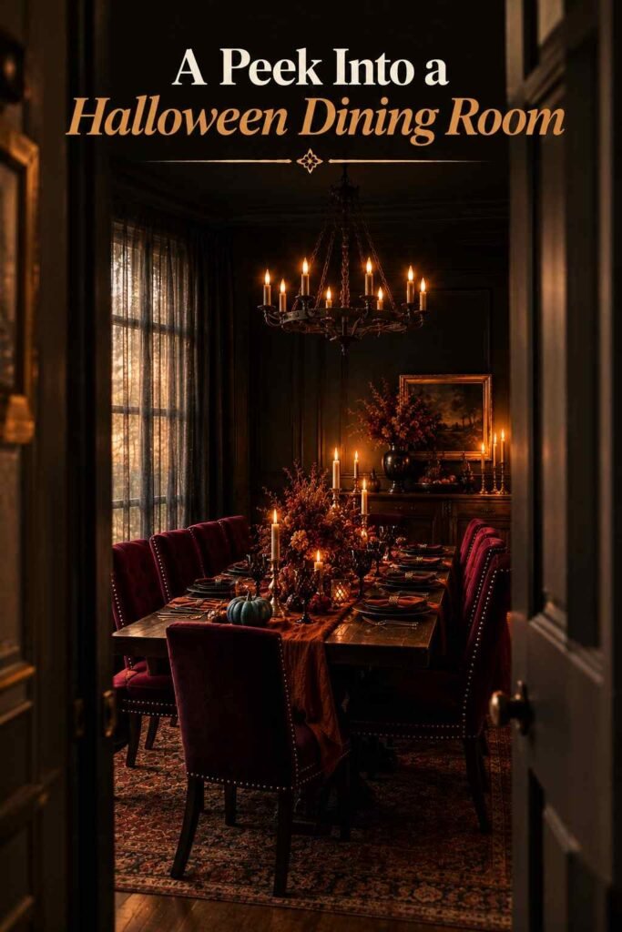 View through an open doorway into a candlelit Halloween dining room with a small teal pumpkin on the table.