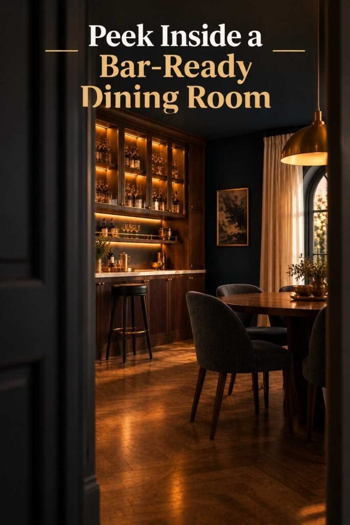 Dining Room Bar Ideas to Make Every Dinner Feel Like a Party 4 View through a dark doorway into a dining room with glowing glass cabinets, a black stool, and the corner of an oval table.