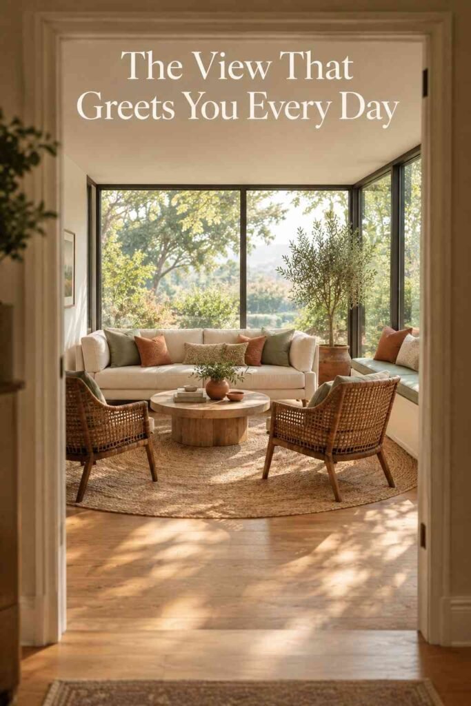 View through an open doorway into a sunlit square sunroom with glass walls and greenery visible beyond.
