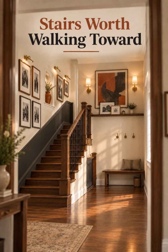 Wall-Going-Downstairs Ideas to Turn Your Staircase Into a Showpiece 15 View through a doorway of a staircase with a stepped frame gallery, brass sconces and a large print on the landing.