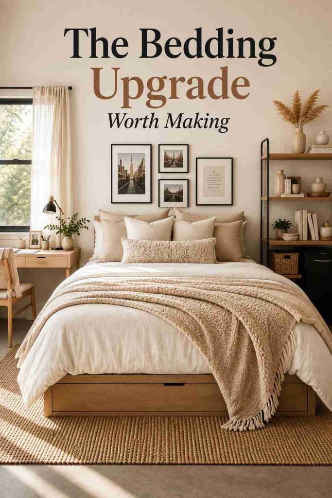 Layered ivory and taupe bedding with bouclé throw and mixed pillows on a dorm platform bed.