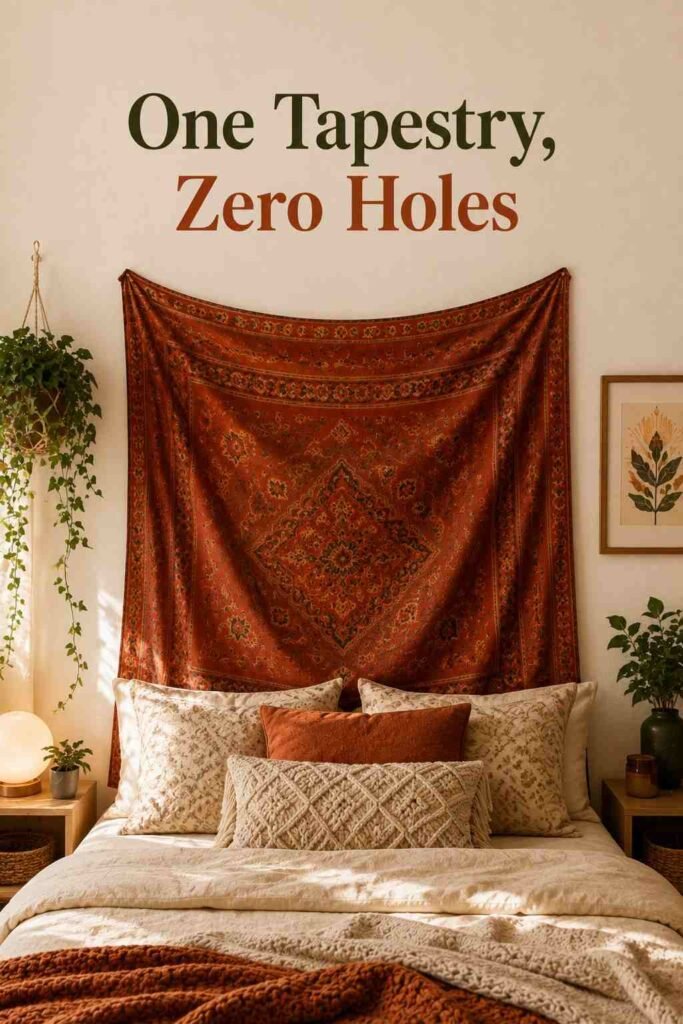 Rust-colored fabric tapestry hung above a dorm bed in place of a headboard.