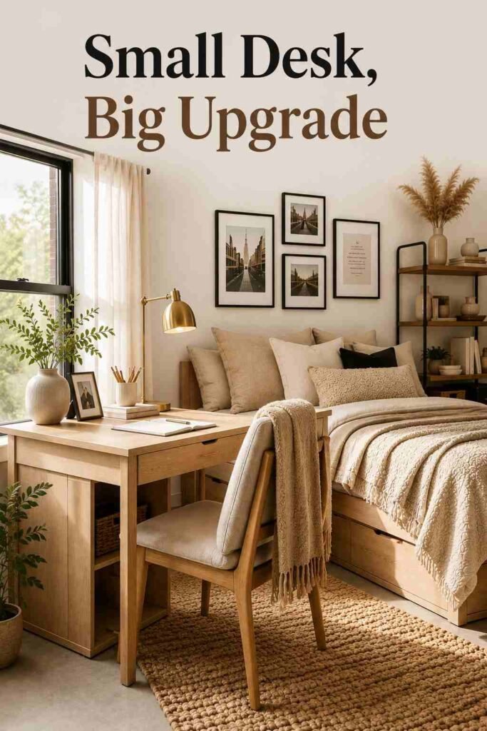Light oak dorm desk with a brushed gold task lamp and organized desk accessories.