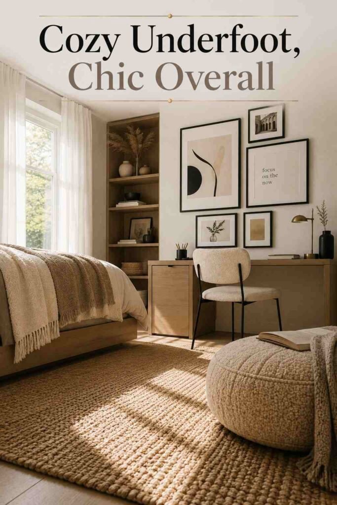 Jute area rug and taupe floor pouf on a dorm room floor in soft afternoon light.