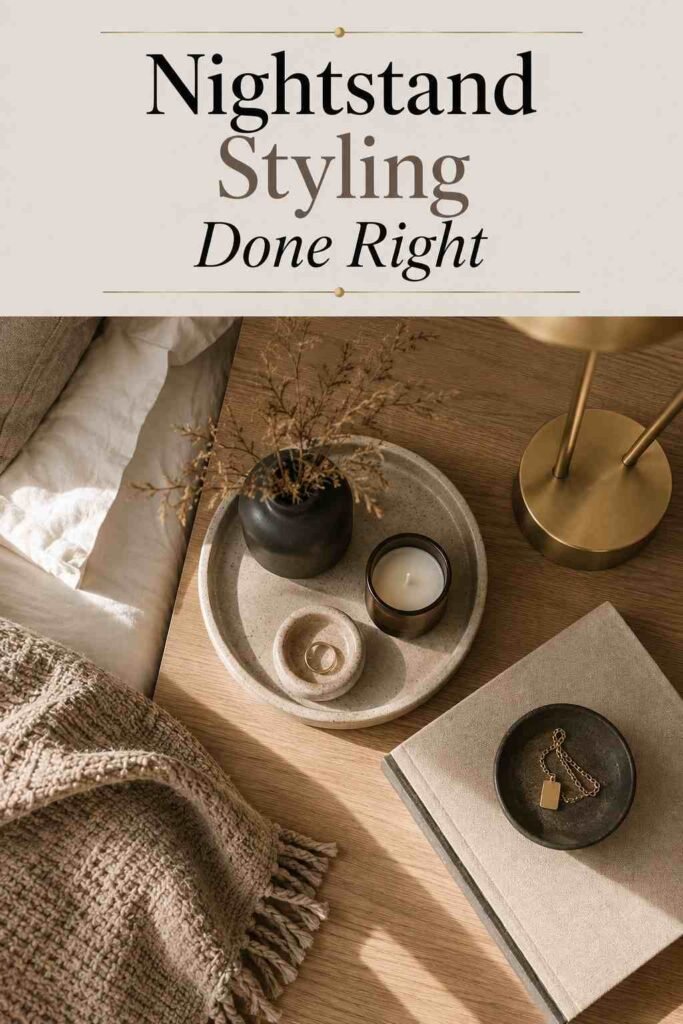 Overhead flat-lay of a dorm nightstand with a ceramic tray, brushed gold lamp base, and folded throw.