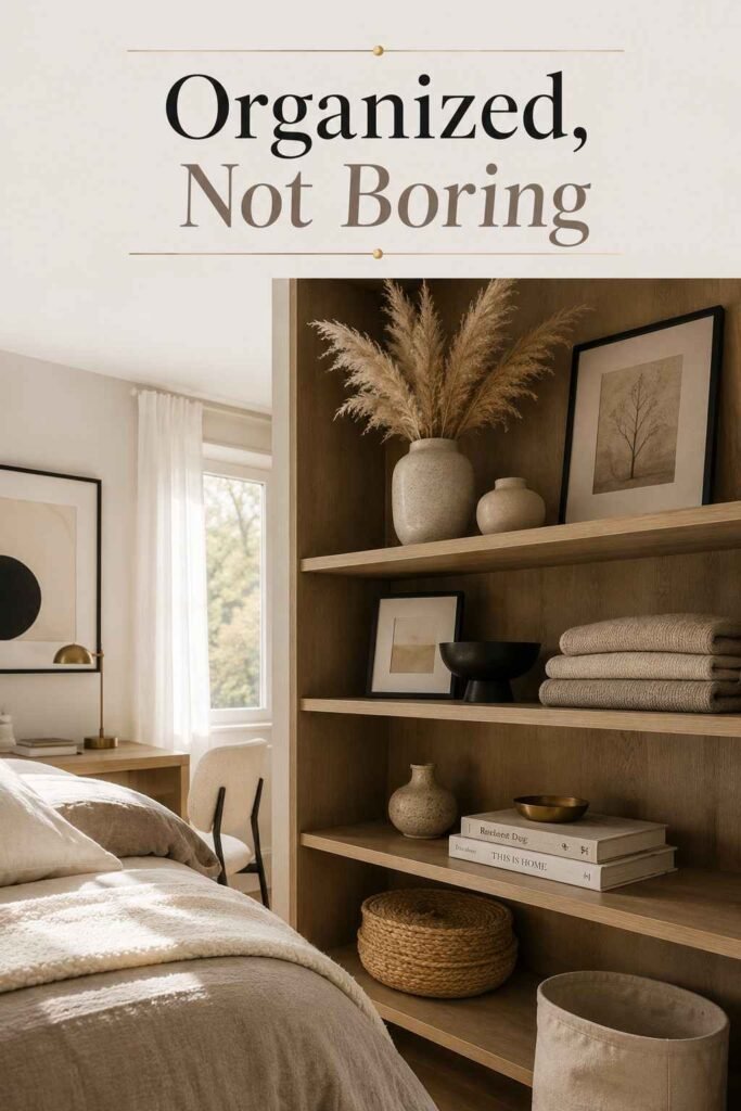 Open wood shelving styled with ceramic vessels, folded linens, and dried pampas grass in a dorm room.