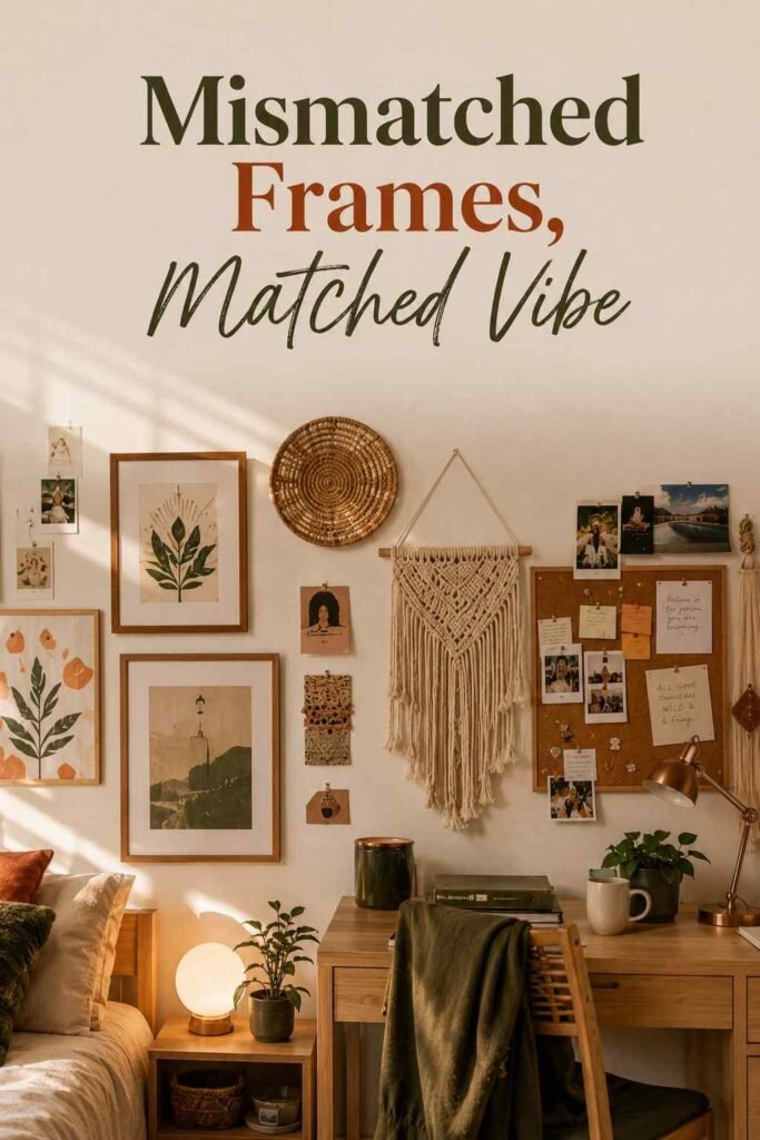 Close-up of a mismatched framed photo gallery wall above a dorm desk.