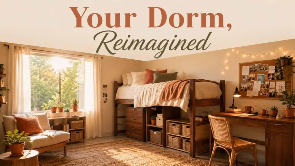 Cozy dorm room with a lofted bed, cream and terracotta bedding, jute rug, and walnut desk lit by warm afternoon light.