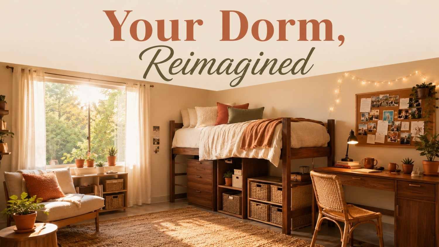 Cozy dorm room with a lofted bed, cream and terracotta bedding, jute rug, and walnut desk lit by warm afternoon light.
